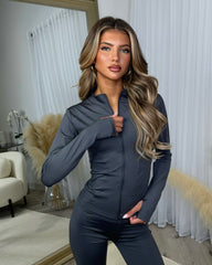 Claire Sculpt Jacket & Flared Trouser Set- Charcoal