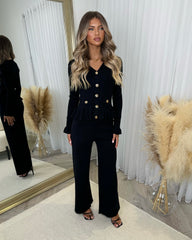 Ivana Ribbed Gold Button Long Sleeve Frill Detail Top & Trouser Set - Black