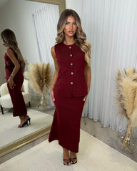 Bella Round Neck Sleeveless Waistcoat & Skirt Set - Wine