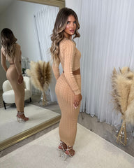 Gemma Cable Knit Skirt & Crop Jumper Set - Camel