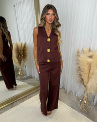 Diana Large Gold Button Detail Waistcoat & Straight Leg Trouser Set - Chocolate