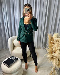 Thea Fitted Gold Button Blazer - Forest Green