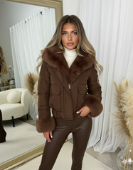 Eva Faux Fur Cuff Pocket Detail Hooded Bomber Jacket - Chocolate
