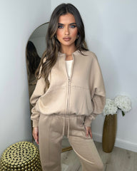 Amelia Bomber Zip Jacket & Straight Leg Joggers Set- Beige