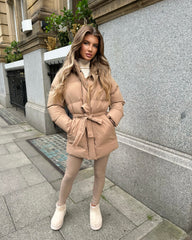 Arabella Hooded Short Padded Tie Waist Coat- Camel