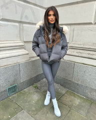 Lucinda Short Padded Faux Fur Trim Coat- Grey