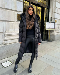 Keke Long Quilted Faux Fur Hood Coat- Black