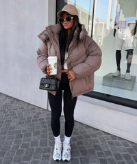 Phoebe Oversized Quilted Bomber Jacket with Hood - Taupe
