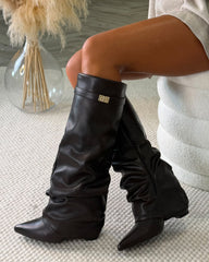 Holly Knee High Slouch Gold Buckle Detail Boots - Chocolate PU