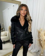 Adriana Belted Biker Jacket - Black