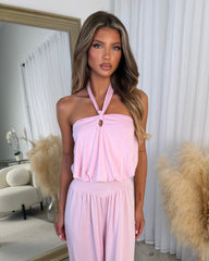 Sydney Halter Neck Elasticated Waist Cuffed Leg Jumpsuit - Pink