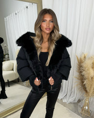 Ruby Hooded Padded Coat with Faux Fur Trim - Black