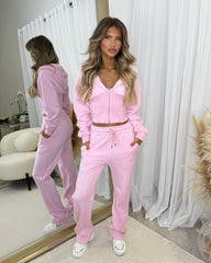 Hayley Corset Design Hooded Zip Jacket with Straight Leg Trousers Set - Baby Pink