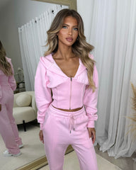 Hayley Corset Design Hooded Zip Jacket with Straight Leg Trousers Set - Baby Pink
