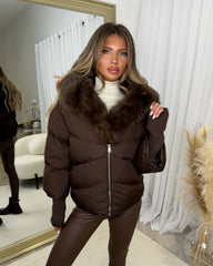 Ruby Hooded Padded Coat with Faux Fur Trim - Chocolate