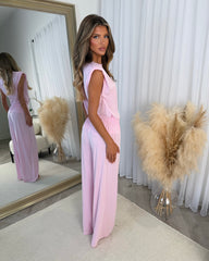 Leanne Round Neck Top with Shoulder Pads & Straight Leg Trouser Set - Pink
