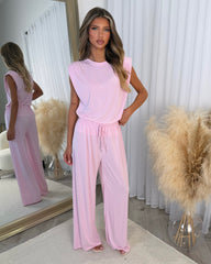 Leanne Round Neck Top with Shoulder Pads & Straight Leg Trouser Set - Pink