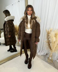 Hallie Padded Coat with Fur Hood  - Chocolate