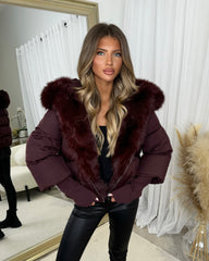 Ruby Hooded Padded Coat with Faux Fur Trim - Burgundy