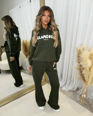 Zoey 'GLAMDOLL' BUBBLE PRINT Design Hoodie & Flared Jogger Set - Khaki Green