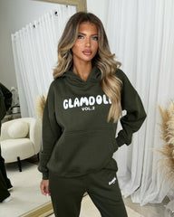 Zoey 'GLAMDOLL' BUBBLE PRINT Design Hoodie & Flared Jogger Set - Khaki Green