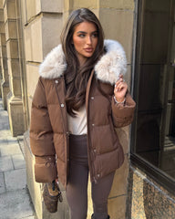 Camille Short Faux Fur Trim Puffer Coat- Chocolate