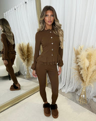 Amira Gold Button Ribbed Loungeset - Chocolate