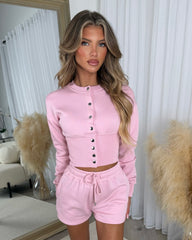 Lucie Round Neck Ribbed Button Detail Top & Short Set - Baby Pink
