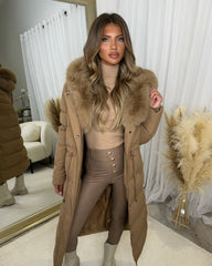 Mia Faux Fur Pull in Waist Long Padded Coat - Camel