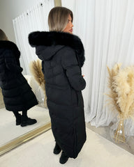Mia Faux Fur Pull in Waist Long Padded Coat - Black