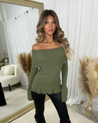 Brooke Ribbed Cowl Neck Long Sleeve Frill Bottom Jumper - Khaki
