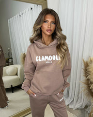 Zoey 'GLAMDOLL' BUBBLE PRINT Design Hoodie & Flared Jogger Set - Mocha