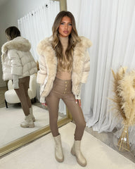 Ruby Hooded Padded Coat with Faux Fur Trim - Beige