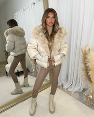 Ruby Hooded Padded Coat with Faux Fur Trim - Beige