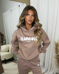 Zoey 'GLAMDOLL' BUBBLE PRINT Design Hoodie & Flared Jogger Set - Mocha