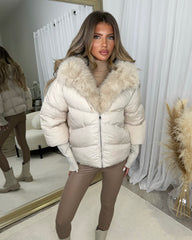 Ruby Hooded Padded Coat with Faux Fur Trim - Beige