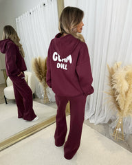 Zoey 'GLAMDOLL' BUBBLE PRINT Design Hoodie & Flared Jogger Set - Burgundy