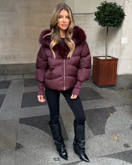 Ruby Hooded Padded Coat with Faux Fur Trim - Burgundy