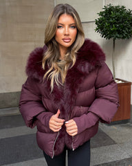 Ruby Hooded Padded Coat with Faux Fur Trim - Burgundy