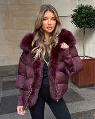 Ruby Hooded Padded Coat with Faux Fur Trim - Burgundy