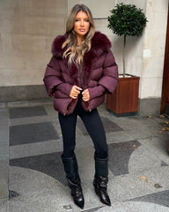 Ruby Hooded Padded Coat with Faux Fur Trim - Burgundy