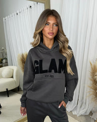 Millie 'GLAM' BOLD EMOBROIDERY Front Logo Print Hoodie - Slate Grey
