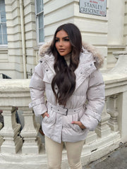 Kelsey Padded Faux Fur Hooded Coat - Beige