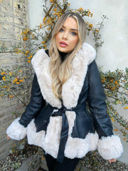 Lillie Belted Fur Hooded Coat - Black/Beige